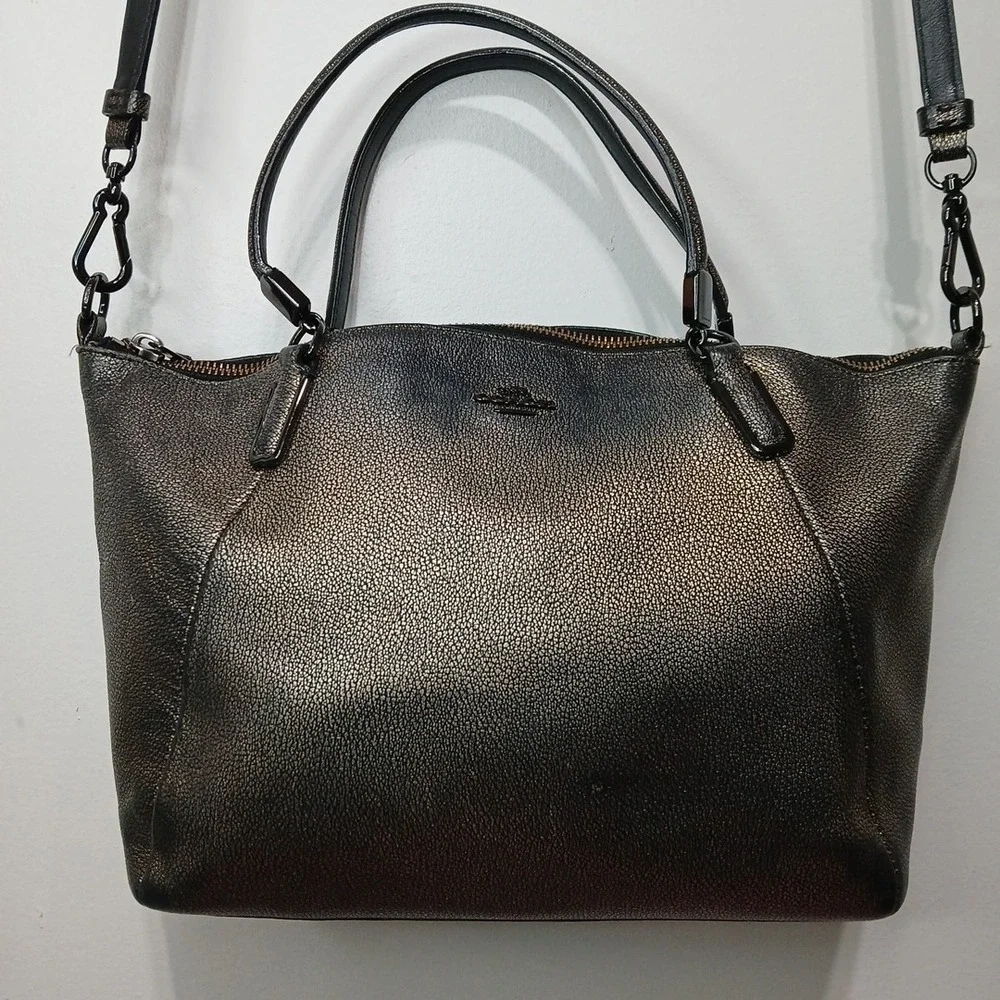 COACH Black And Copper Metallic Pebbled Leather Kelsey Crossbody Bag Purse